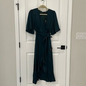 Wrapped Up In Love Dark Green Satin Faux-Wrap Midi Dress